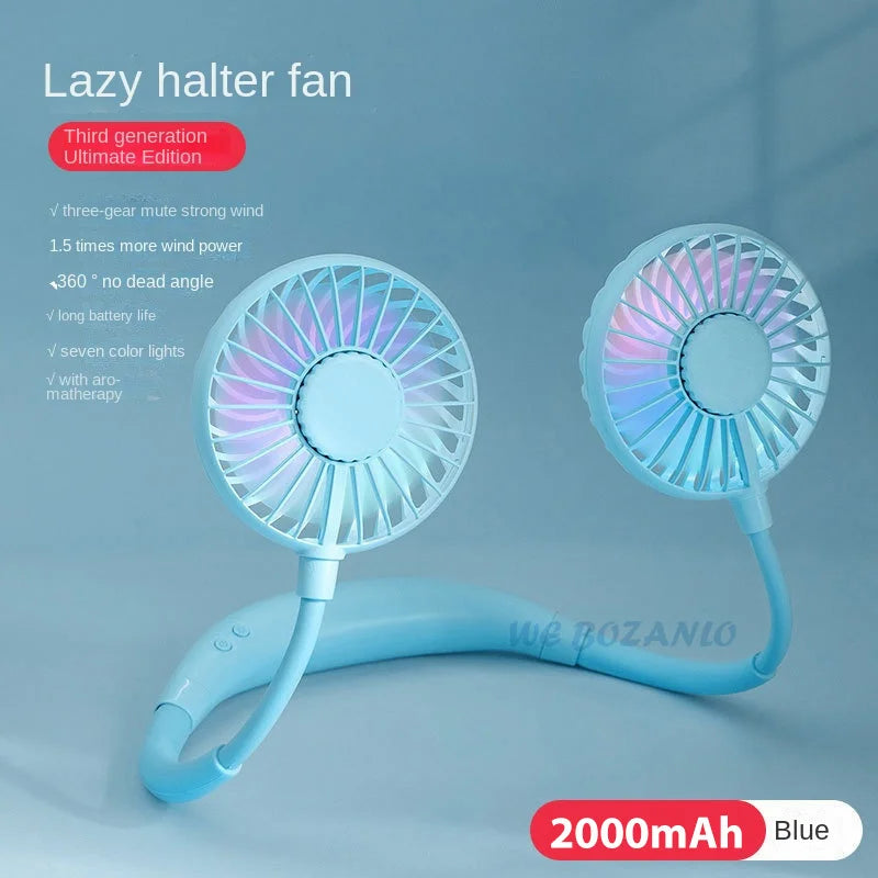 USB Portable Fan Cold Fan Hands Free Neck Fan 3-Speed Adjustable Mini Sports Fan Home Office black with light