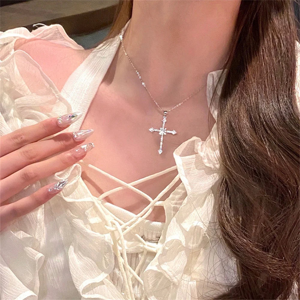 Elegant Crystal Cross Pendant Necklace Silver Star Jewelry for Women NJ-1034