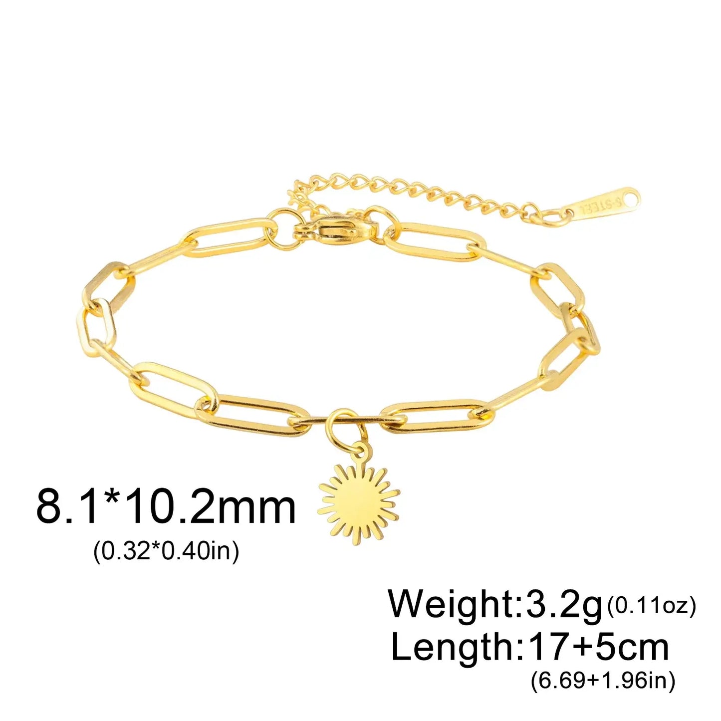 Skyrim Sun Zircon Charm Bracelet for Women - Stainless Steel Fashion Jewelry Paperclip Chain G 17-22 cm