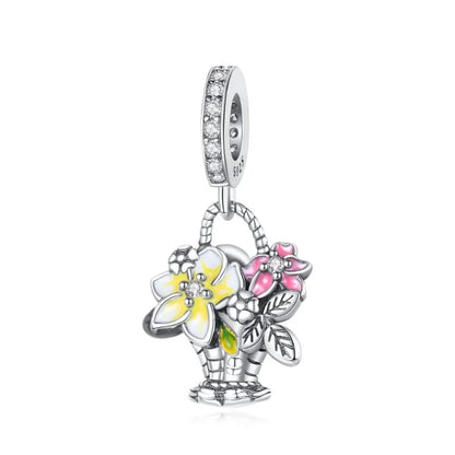 925 Sterling Silver Rose Sakura Flower Dangle Charm with Zircon for DIY Jewelry and Bracelets