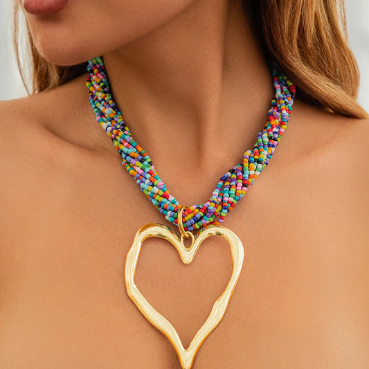 Boho Multilayer Heart Pendant Choker Necklace for Women Bridal Accessories