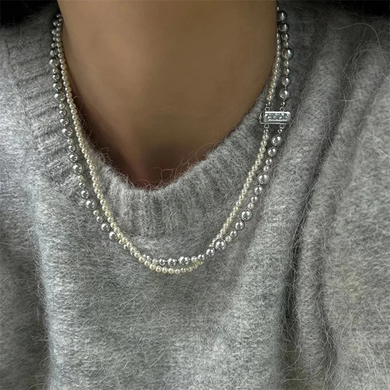 Elegant Double Layer Imitation Pearl Choker Necklace with Magnetic Clasp