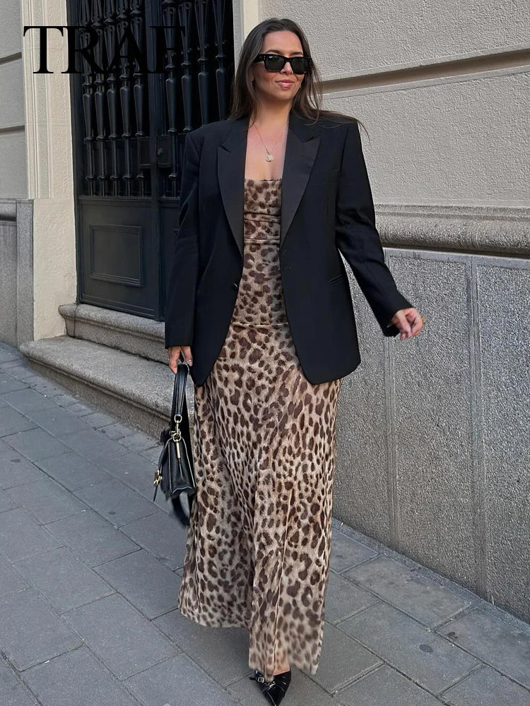 TRAFZA 2024 Women Summer Vintage Leopard Print Dress