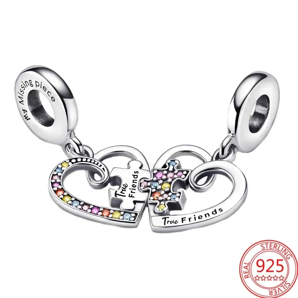 Original 925 Sterling Silver Four Leaf Clover and Heart Double Dangle Charm for Necklace and Bracelet Friendship Jewelry with Zircon Accents