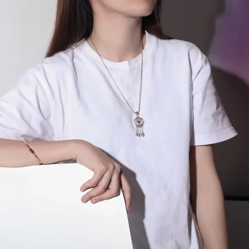Ethnic Style Hetian Jade Silver Necklace Pendant for Ladies