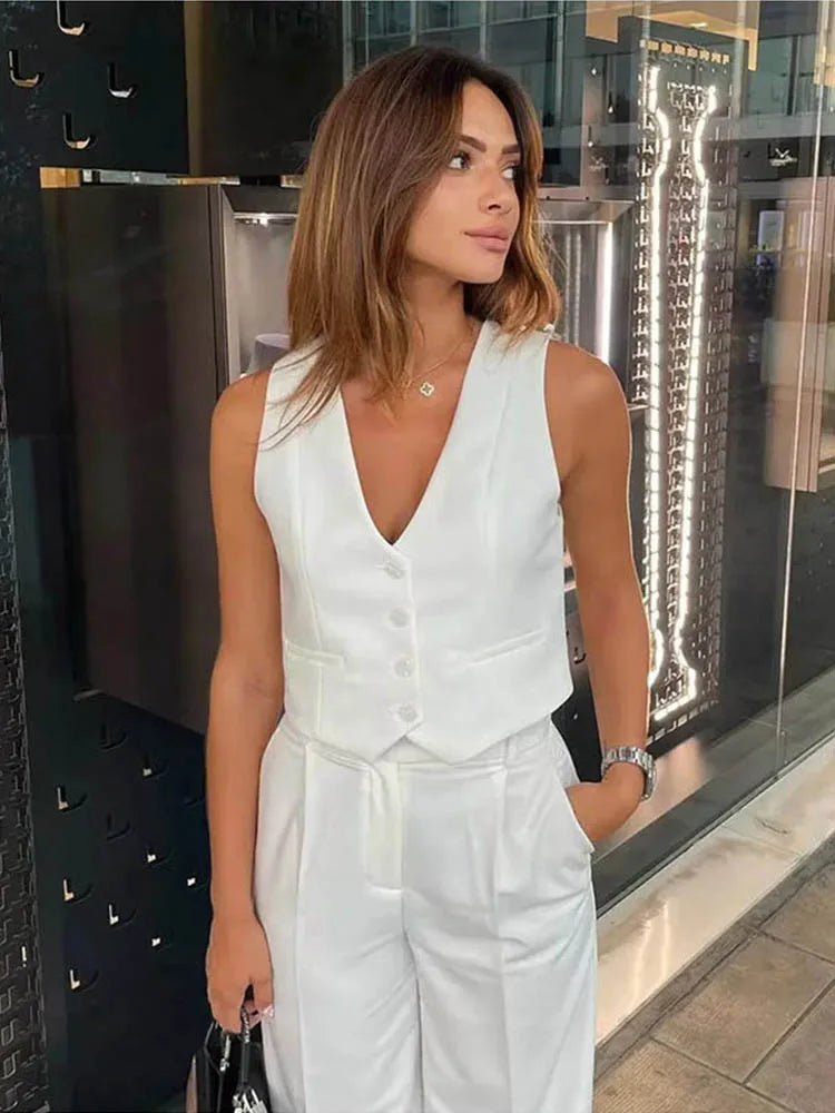 Sleeveless Cropped Vest Single Breasted V Neck Pocket Summer