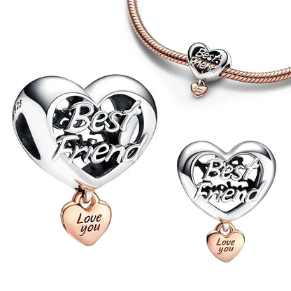 Original 925 Sterling Silver Four Leaf Clover and Heart Double Dangle Charm for Necklace and Bracelet Friendship Jewelry with Zircon Accents