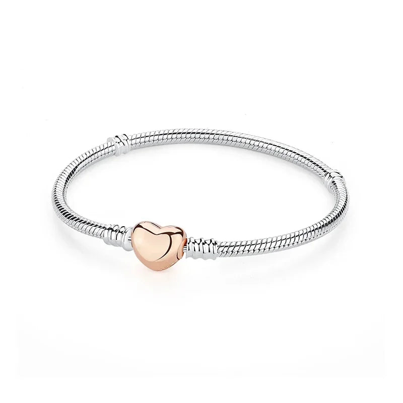 925 Sterling Silver Heart Lock Snake Bone Chain Bangle Women’s Classic Zircon Bracelet Fine Jewelry Party Gift