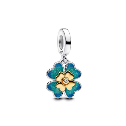 European 925 Sterling Silver Clover Pendant with Pink Zircon for Mother and Daughter DIY Charm Bead Jewelry