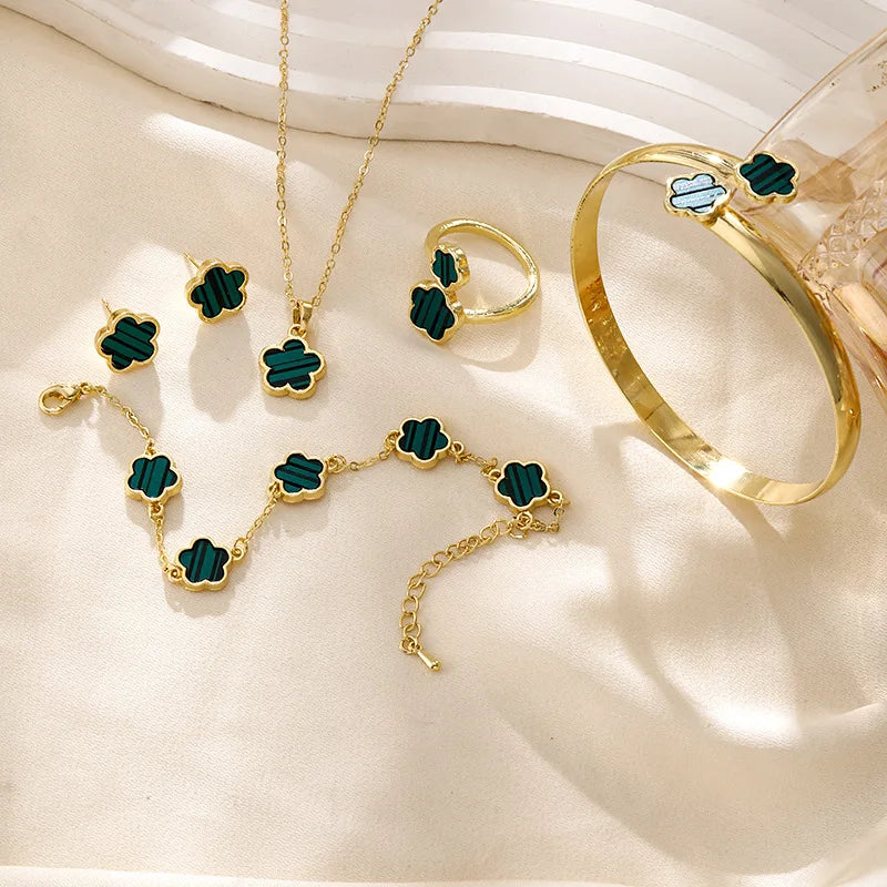 Elegant 5 Leaf Flower Jewelry Set for Women - Necklace, Earrings, Ring, Bracelet - Perfect Christmas and New Year Gift