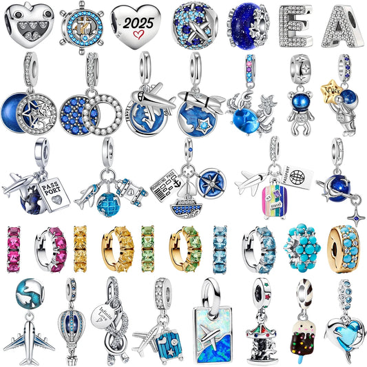 Original 925 Sterling Silver Blue Zircon Space Charms Aircraft Planet Astronaut Beads for DIY Necklace and Bracelet Jewelry Gift