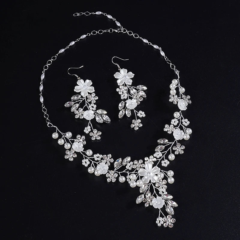 Wedding Elegance Rhinestone & Pearl Jewelry Set - Dangle Earrings & Adjustable Necklace for Women