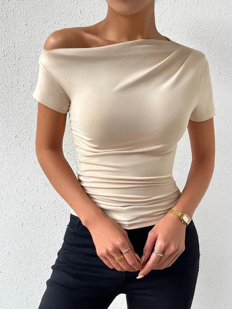 Women One Shoulder Ruched Tee Slim Fit Casual Summer Top