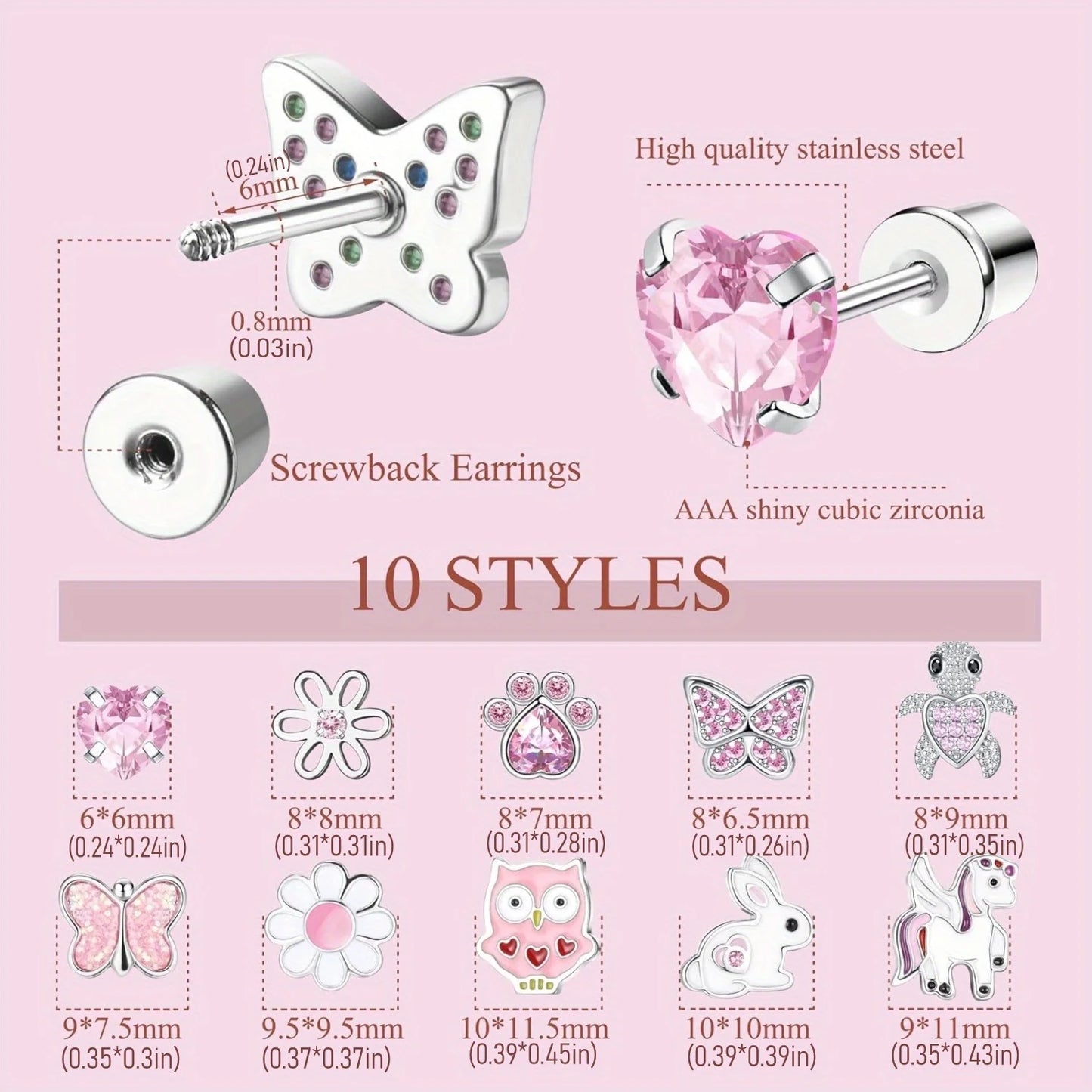 Bobisty Rainbow CZ Stud Earrings for Women Stainless Steel Hypoallergenic Screwback