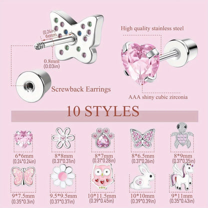 Bobisty Rainbow CZ Stud Earrings for Women Stainless Steel Hypoallergenic Screwback