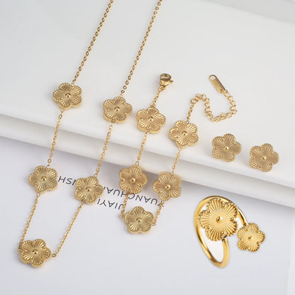 Luxury Stainless Steel Five Leaf Flower Jewelry Set for Women Featuring Bracelet Necklace Earrings and Rings
