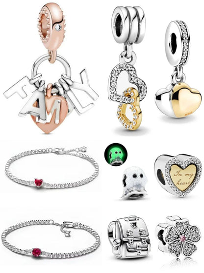 European 925 Sterling Silver Family Flower Cross Heart DIY Charm Bead for Women's Bracelet and Necklace Jewelry