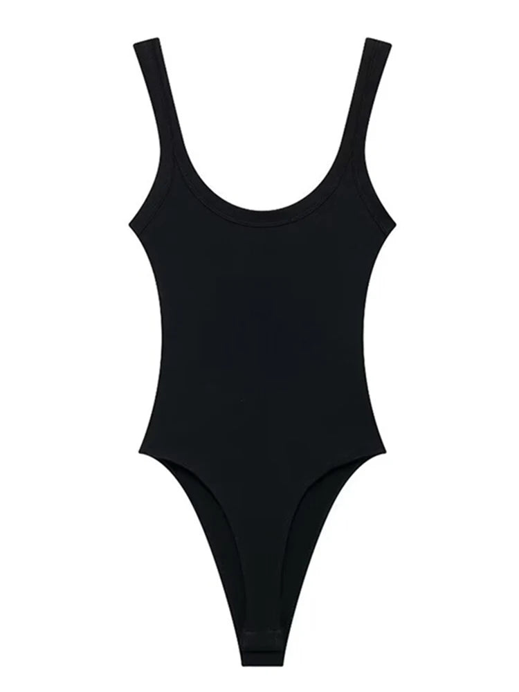 Skinny Ribbed Bodysuits for Women O Neck Straps Snap Button