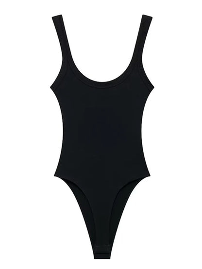 Skinny Ribbed Bodysuits for Women O Neck Straps Snap Button
