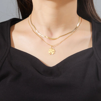 Cazador 2025 Lucky Clover Pendant Necklace Gold Color Double Layer Stainless Steel Jewelry for Women and Girls