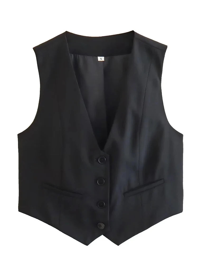 Sleeveless Cropped Vest Single Breasted V Neck Pocket Summer