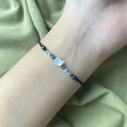 Moonstone and Obsidian Cat Bracelets Set for Couples - Minimalist Handmade Party Jewelry Gift