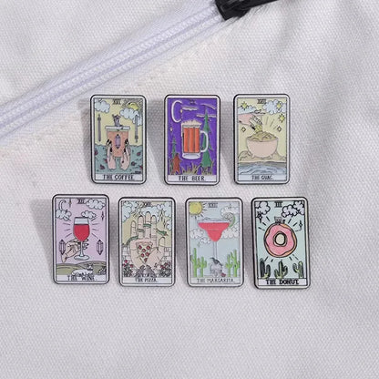 Custom Tarot Enamel Pins Set Featuring Beer Donut Wine Coffee Pizza Brooches for Unique Punk Gothic Jewelry Gifts