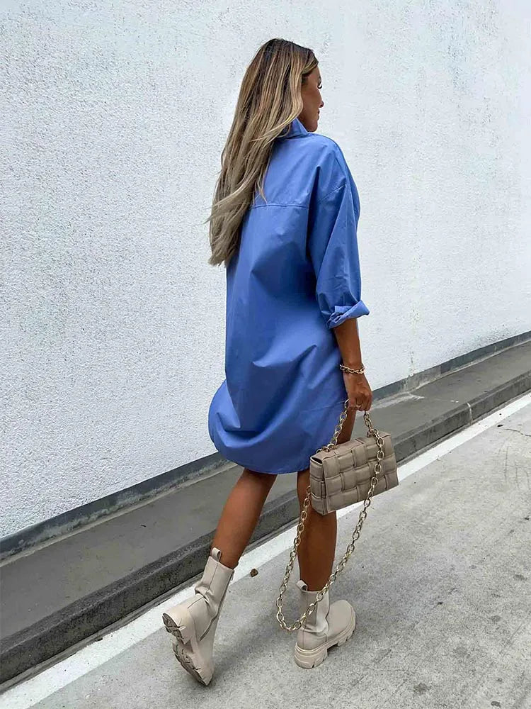 Womens Solid Button Front Shirt Dress Casual Long Sleeve