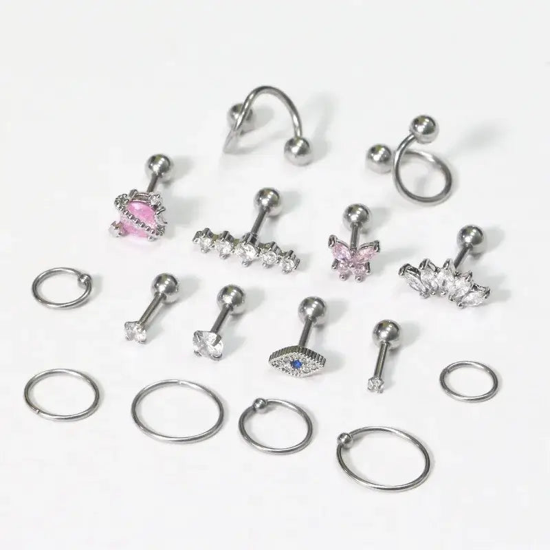 Silver Hypoallergenic Stainless Steel Cartilage Earrings Set - 2/16 Pcs A1-16Pcs-Silvery 16G-1.2mm