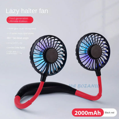 USB Portable Fan Cold Fan Hands Free Neck Fan 3-Speed Adjustable Mini Sports Fan Home Office black with light