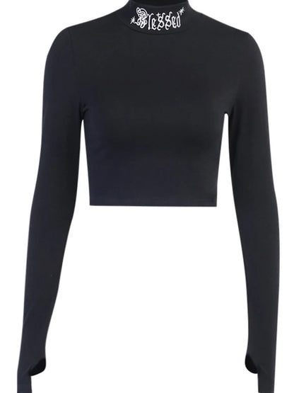 Blessed Gothic Harajuku Embroidered Black Bodycon Crop Top