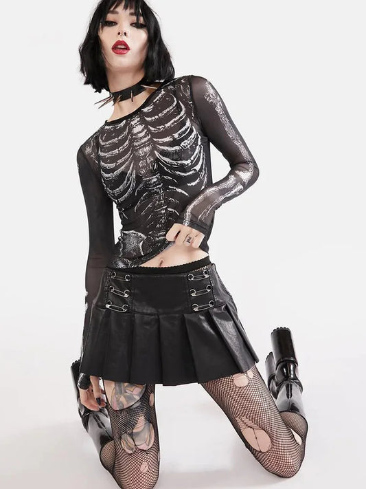 Gothic Punk Y2K Women Skeleton Crop Top Black Long Sleeve