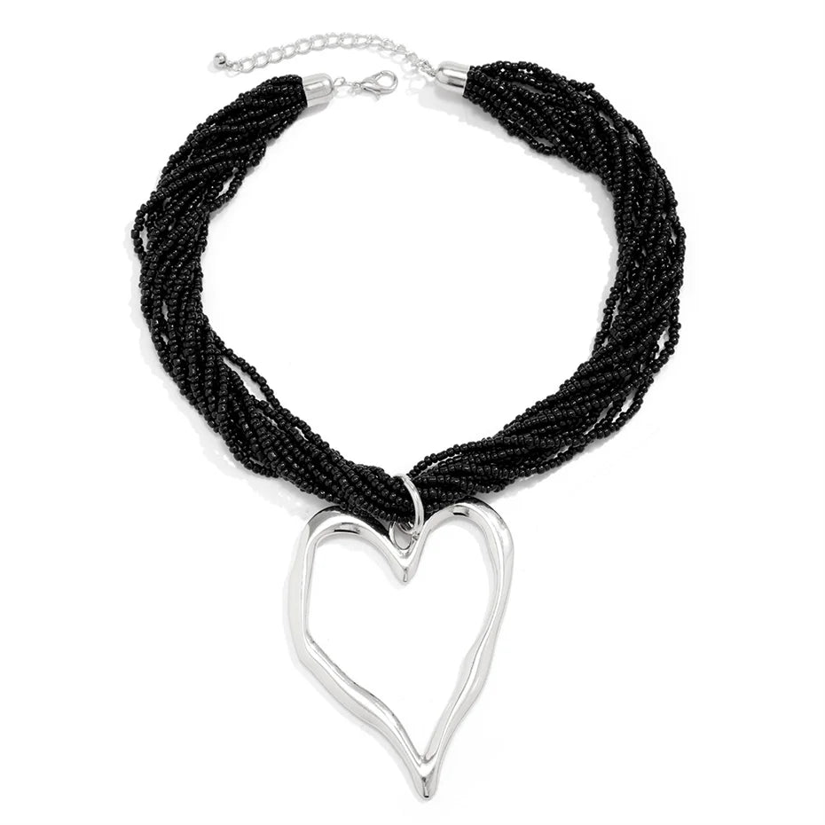 Boho Multilayer Heart Pendant Choker Necklace for Women Bridal Accessories
