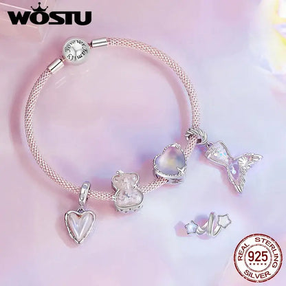 WOSTU 925 Sterling Silver Aurora Butterfly Heart Charm Beads with CZ Stones