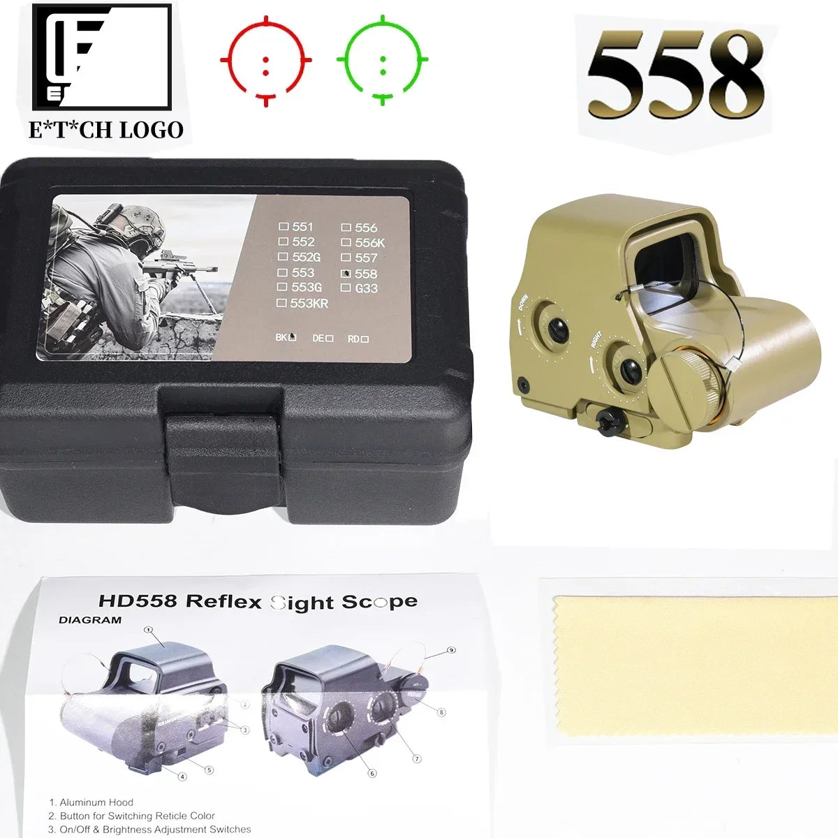 Eotech 558 G43 Magnifier Holographic Sight Scope with Folding Side Flip and 5X Magnification for Tactical Reflex Riflescope ONLY 558---TAN