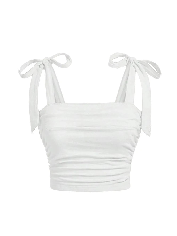 Pink Ruched Tie Shoulder Wide Strap Backless Crop Top