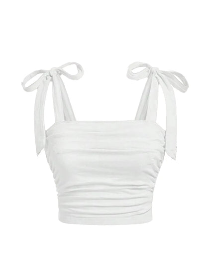Pink Ruched Tie Shoulder Wide Strap Backless Crop Top