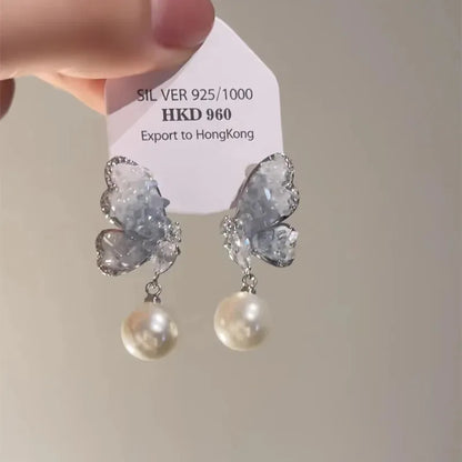 Inlaid Zircon Blue Pink Crystal Butterfly Drop Earrings for Women Stylish Water Drop Wedding Jewelry Ideal Birthday Gift