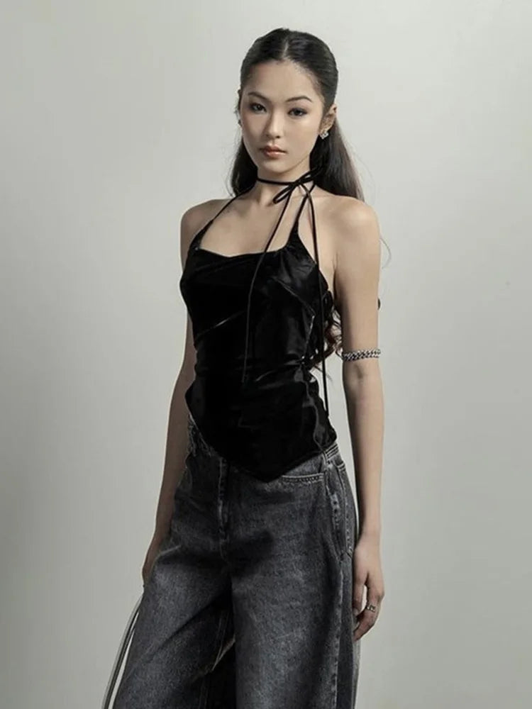 Black Matte Trendy Personalized Young Girl Sexy Hot Cool Simple Women's Vest