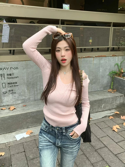 Pink Suspender V Neck Knit Sweater For Women 2025 Slim