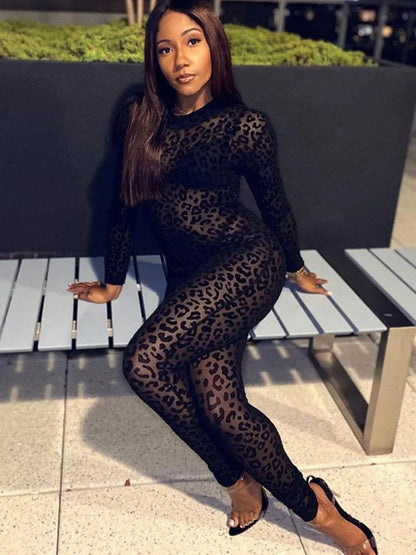 Leopard Mesh Bodystocking Jumpsuit See Through Velour