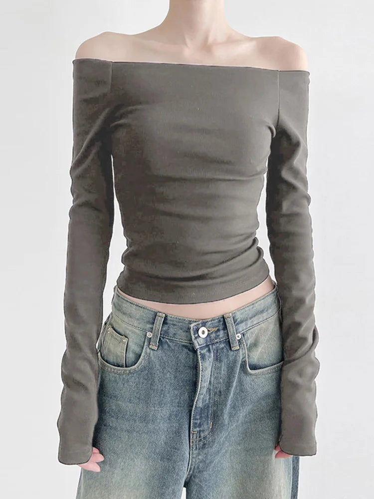 Korean Black Slash Neck Slim Cropped Long Sleeve Top