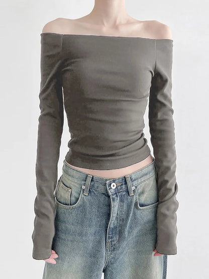 Korean Black Slash Neck Slim Cropped Long Sleeve Top