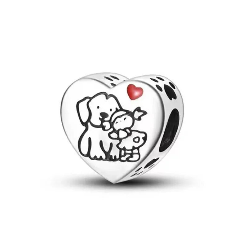 Sterling Silver Paw Print and Bone Charm Bead for Pet Bracelet Jewelry B4575