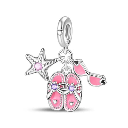 Sterling Silver Pink Blossom Dangle Charm with Butterfly Heart Flower Rose and Bird Bead for DIY Necklace and Bracelet Jewelry