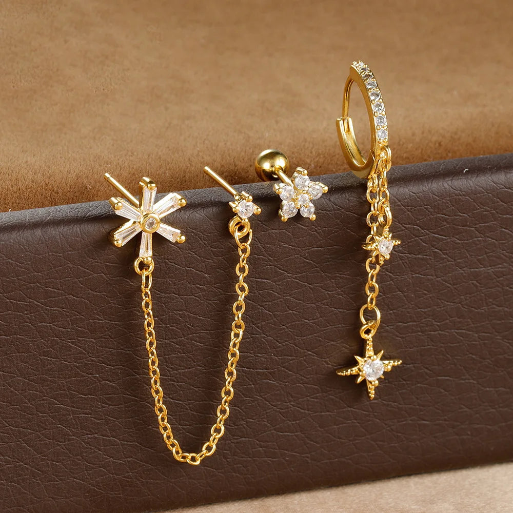 3PCS Gold-Plated Stainless Steel Stud Earrings Set for Women with Zircon Cartilage Piercing Fashion Jewelry