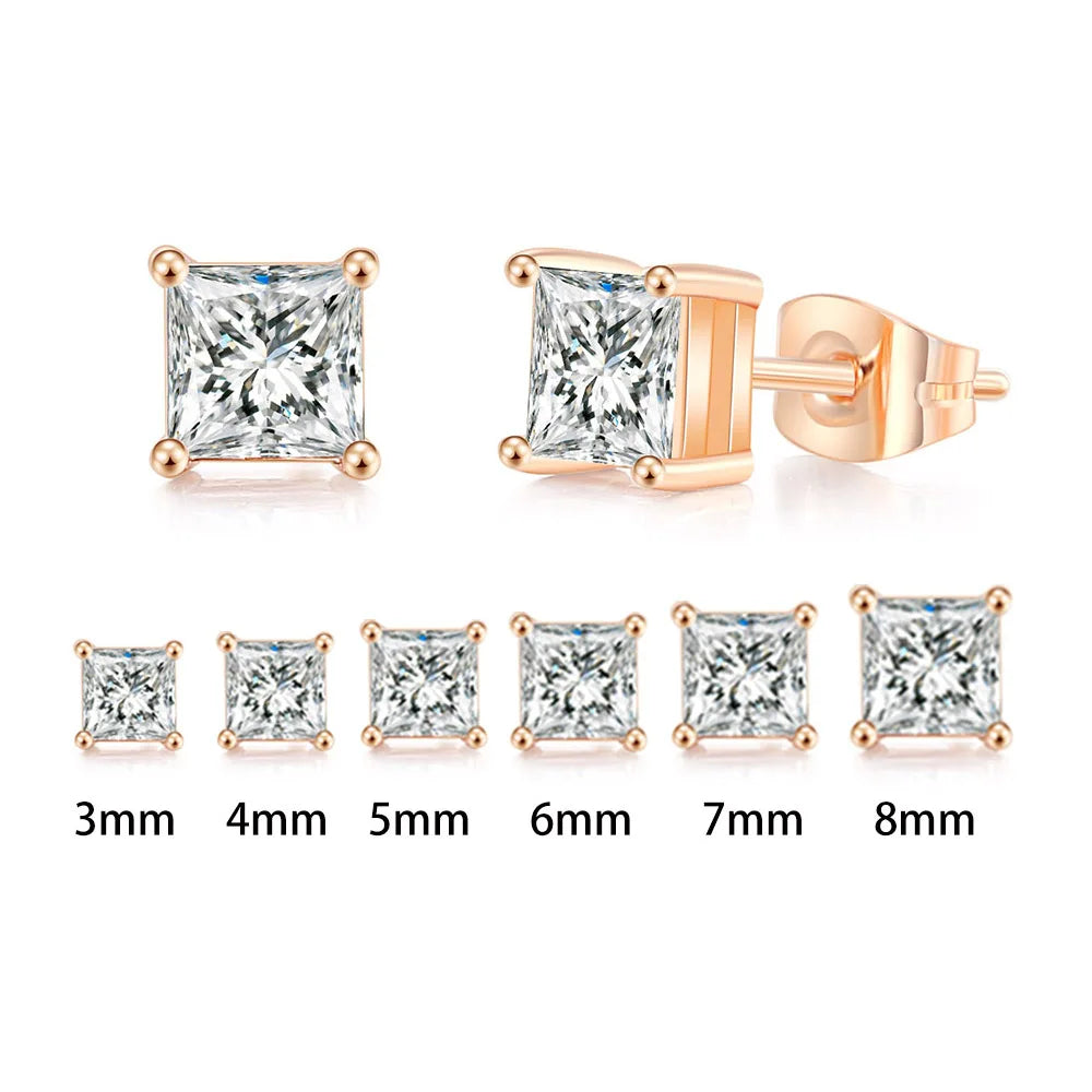 Square Clear Zircon Stud Earrings for Women and Men Stylish Ear Accessories with Various Size Crystals