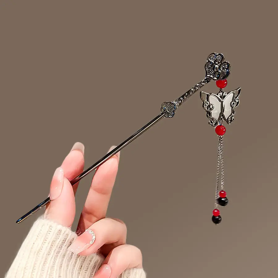 Elegant Ink Flower Tassel Hairpin Forks for Women - Modern Hanfu Hair Jewelry with Black Beads Fringe