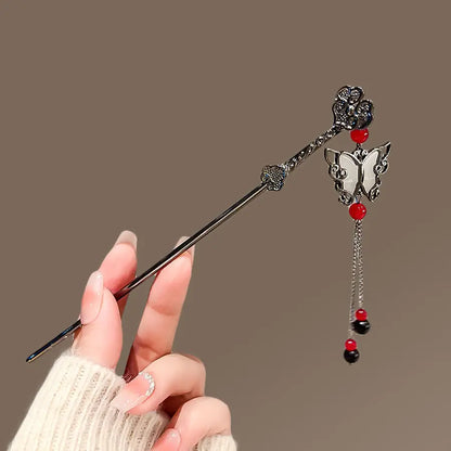 Elegant Ink Flower Tassel Hairpin Forks for Women - Modern Hanfu Hair Jewelry with Black Beads Fringe