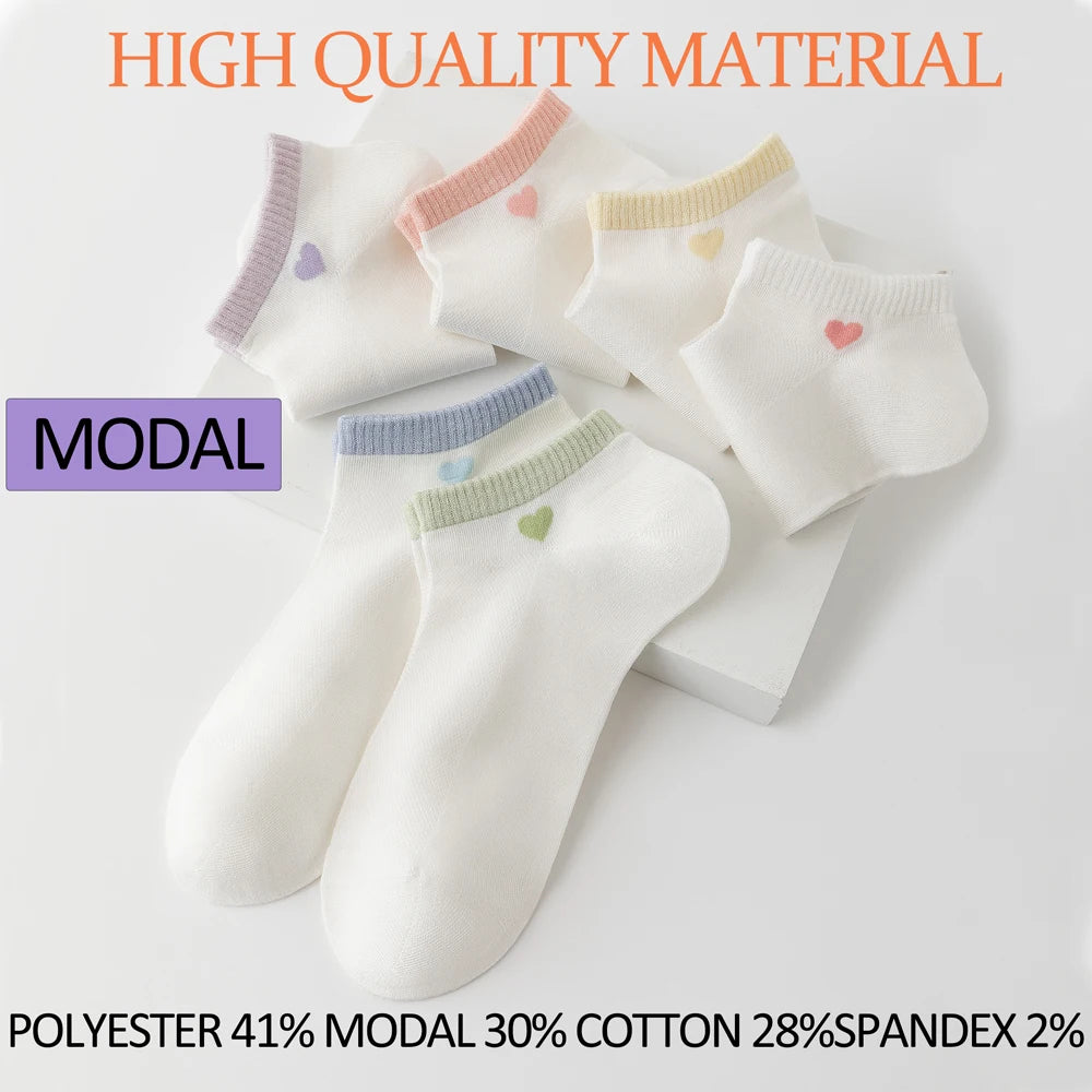 6 Pairs Womens White Heart Modal Ankle Socks Breathable